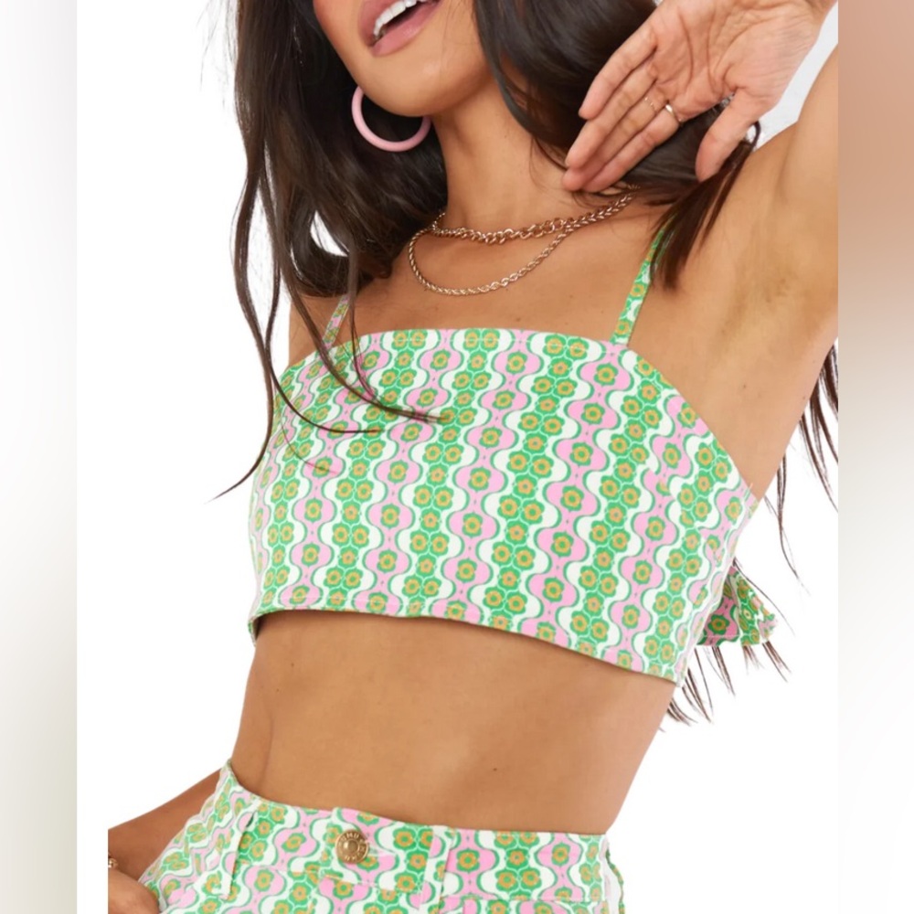 Show Me Your MuMu Borderline Crop Top in Watermelon Geo Denim